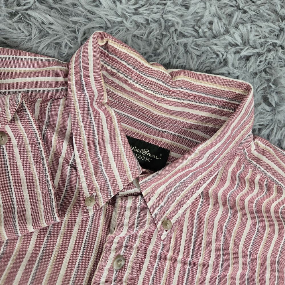 Eddie Bauer Men XLT Red Striped Relaxed Fit Heavy Cotton L/S Button Sleeve Shirt